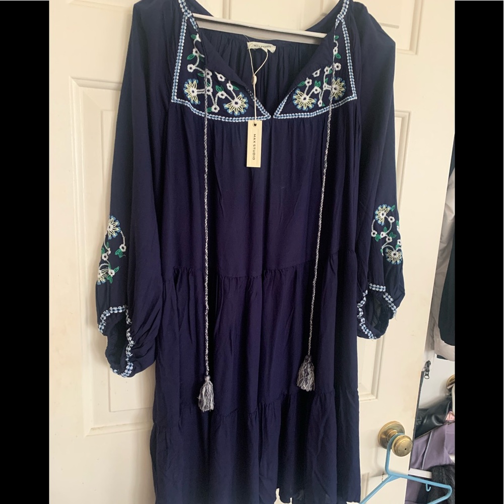 * New Max Studio Boho Embroidered Tiered Dark Navy Short Dress Oversized *